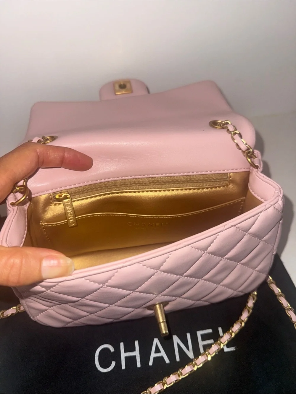 CHANEL Pink Quilted Lambskin Mini Flap Bag with Gold Hardware
